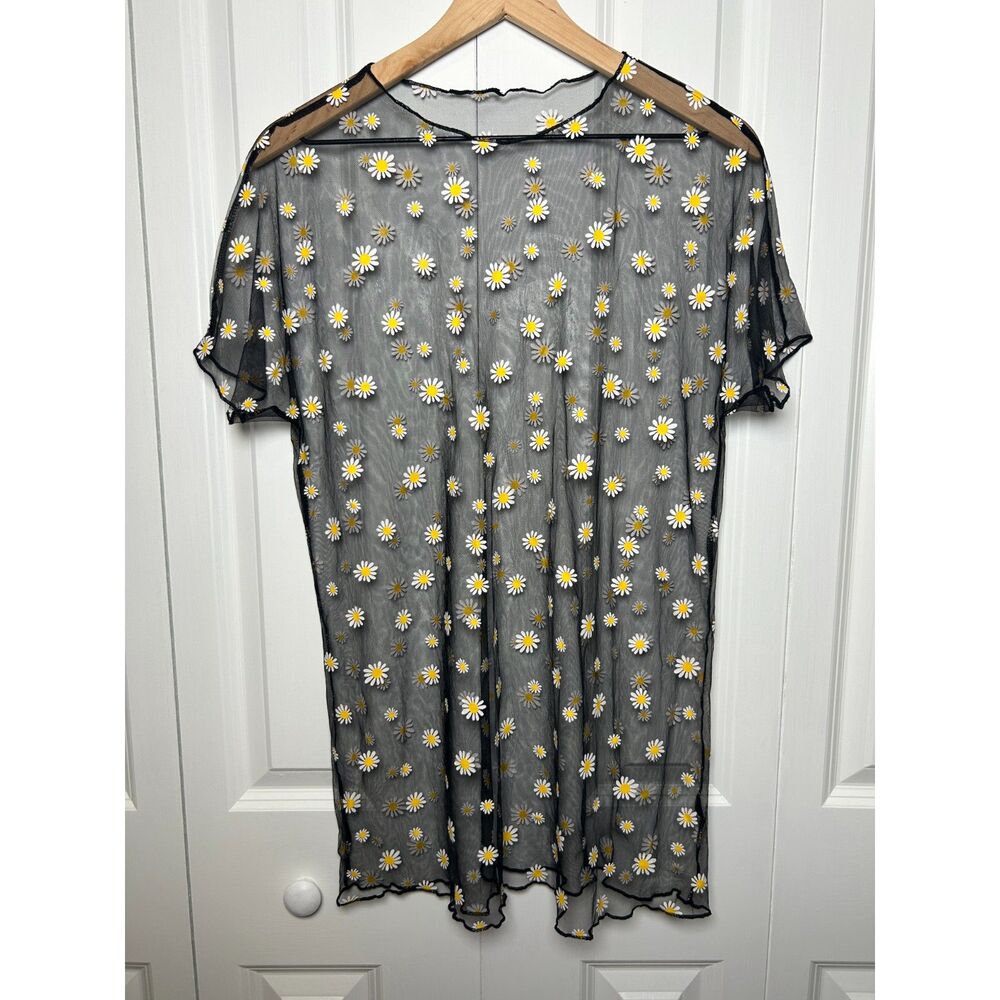 Daisy Print Sheer Mesh T Shirt Dress Black Short Sleeve See Through Mini